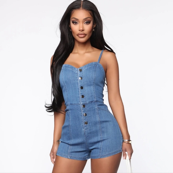 Fashion Nova Pants - Fashion Nova Blue Denim Button-Front Romper